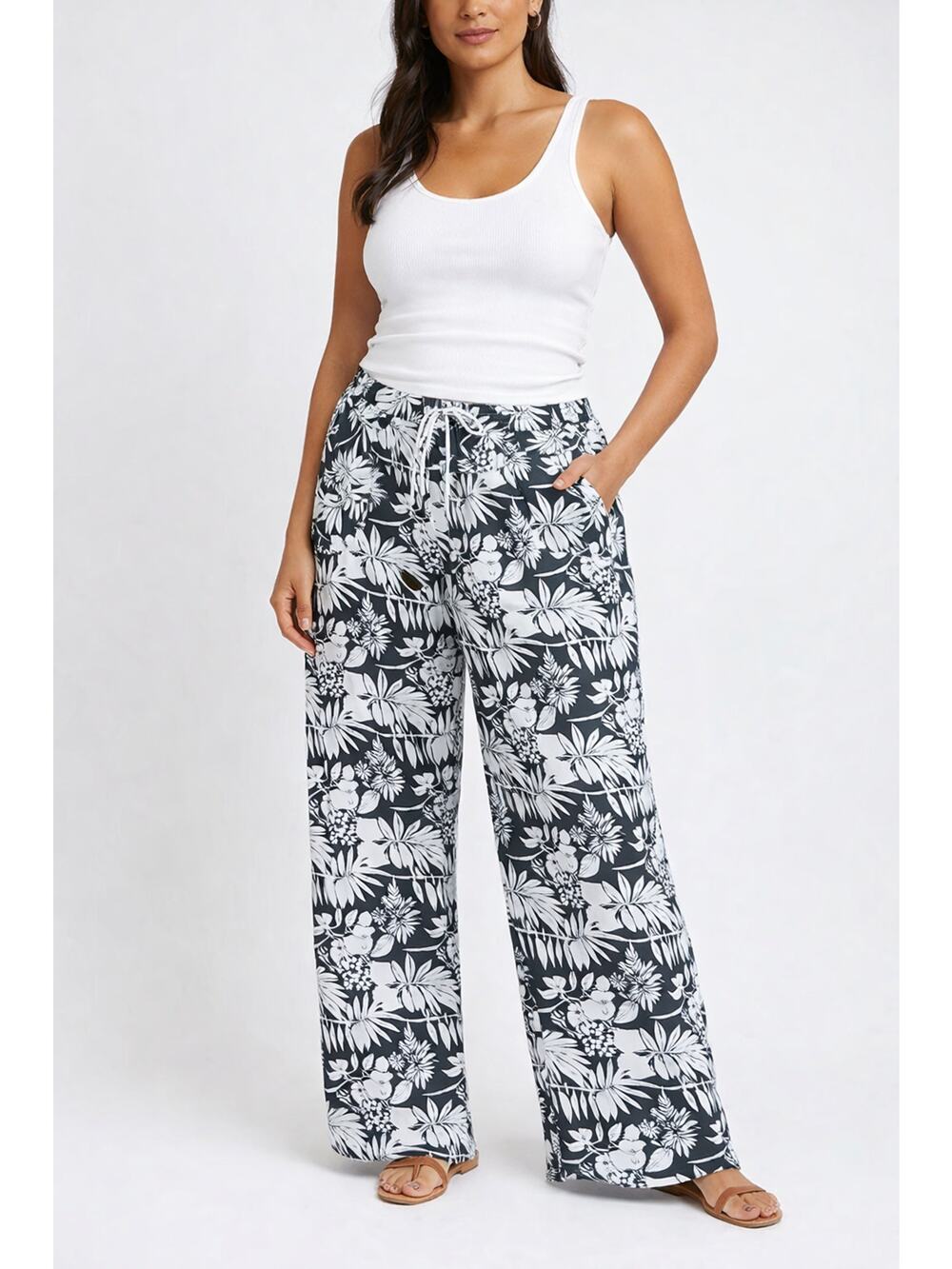 Womens RRayon Tropical Floral Wide-Leg Pull On Palazzo Pants Sz L Drawstring